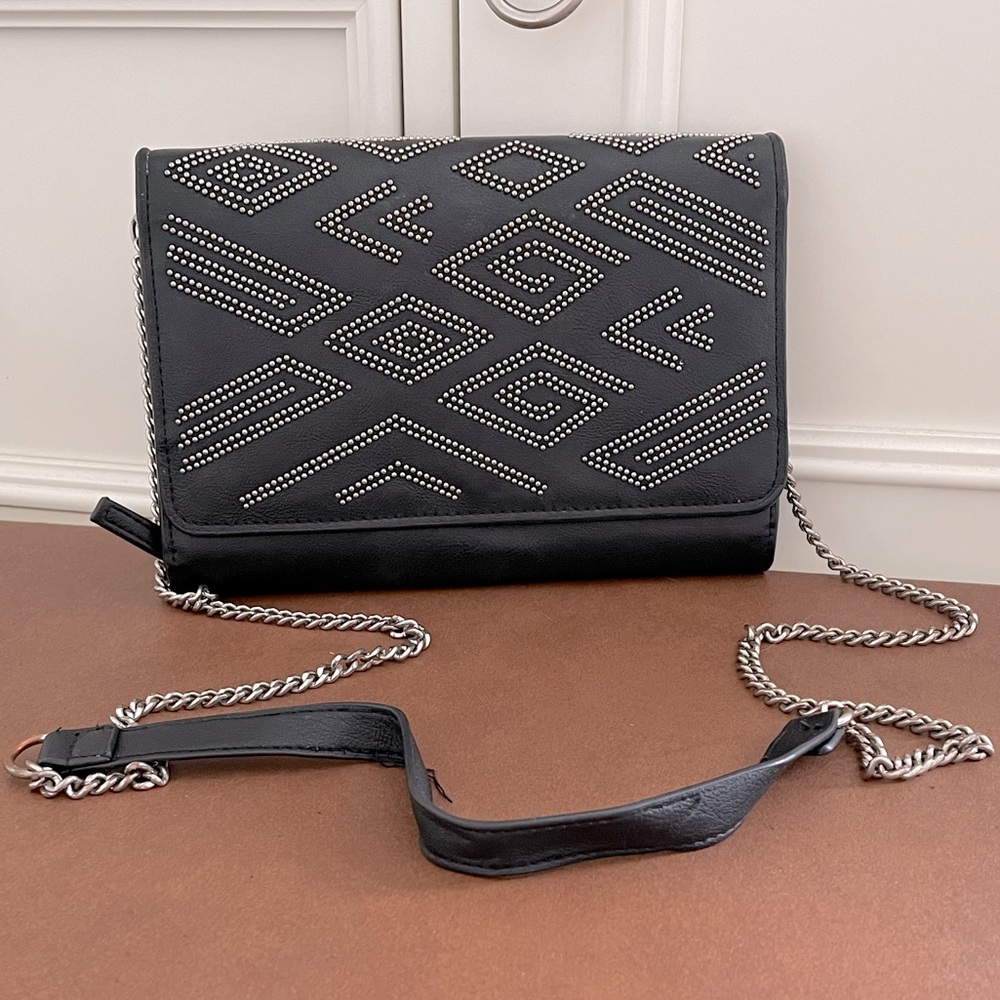 INC Intl Concepts GUC vegan crossbody clutch bag in black with silver tone studs